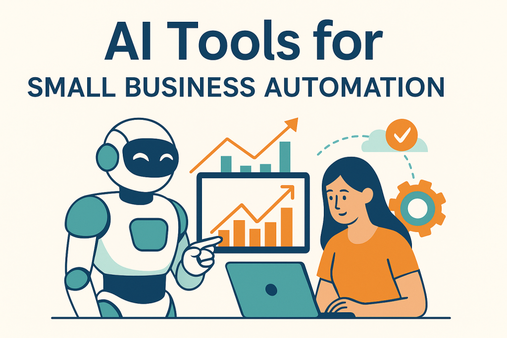 Robot and businesswoman using AI tools for automation and growth